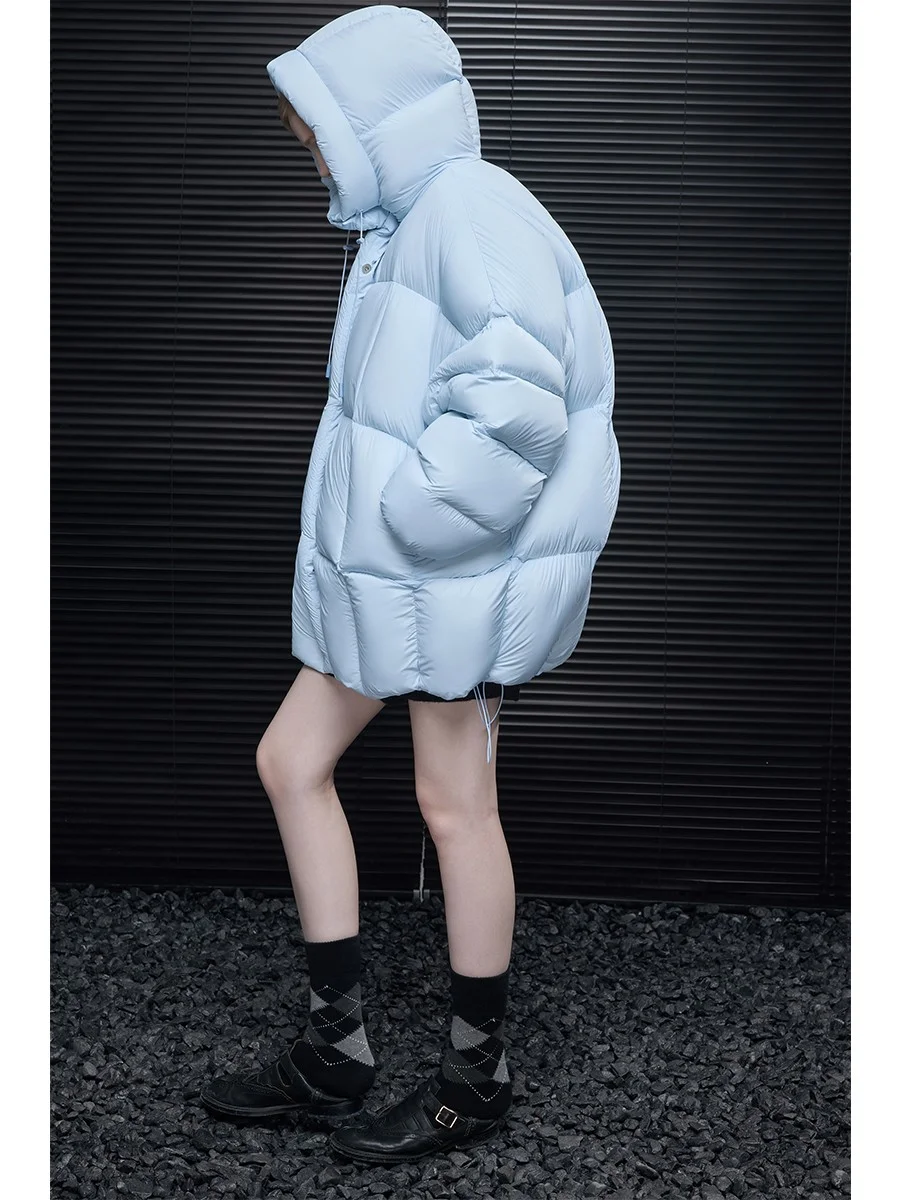 蓝色连帽加厚羽绒服