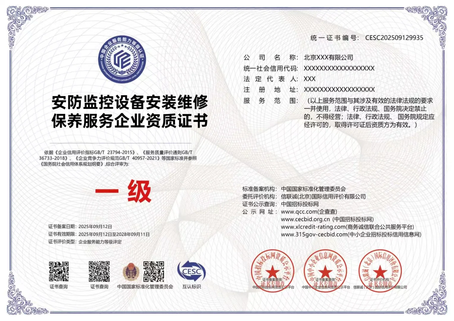 安防监控设备安装维修保养服务企业一级证书