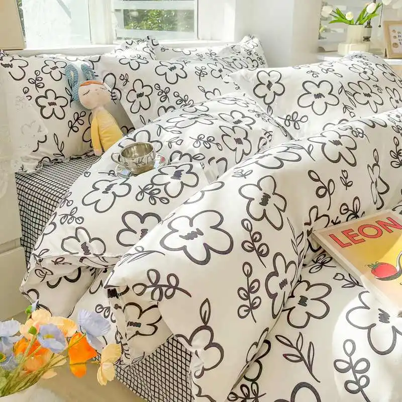 化纤面料四件套卡通床单被套印花简约可爱床