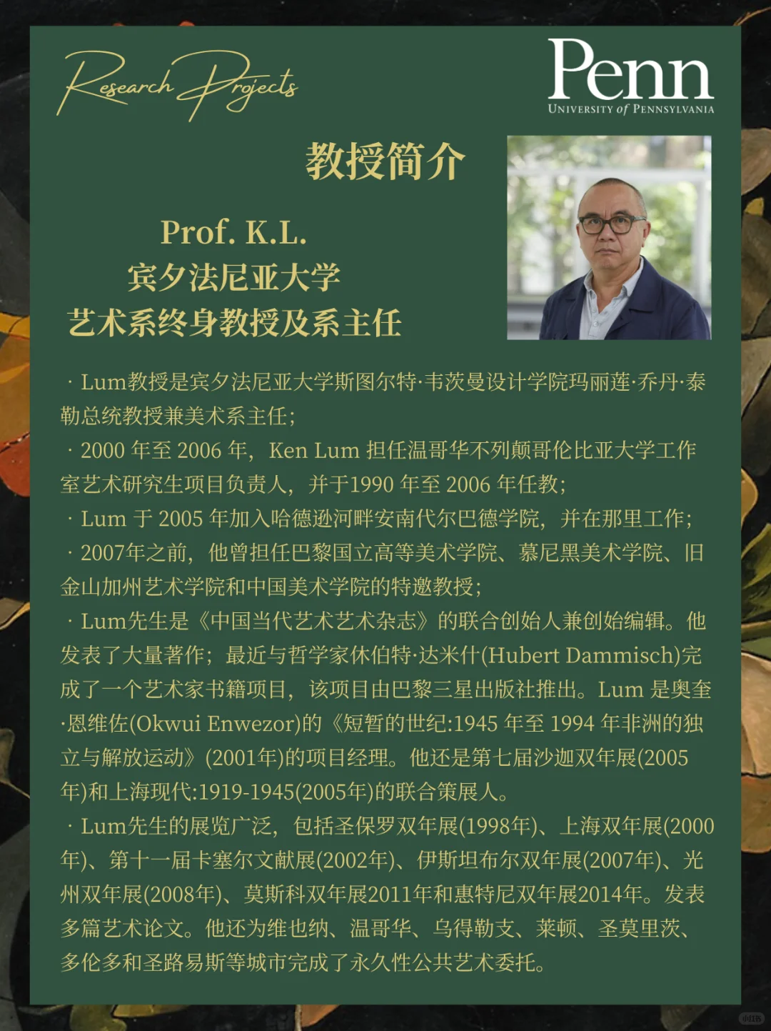 宾大艺术系主任&终身教授【文化研究】科研