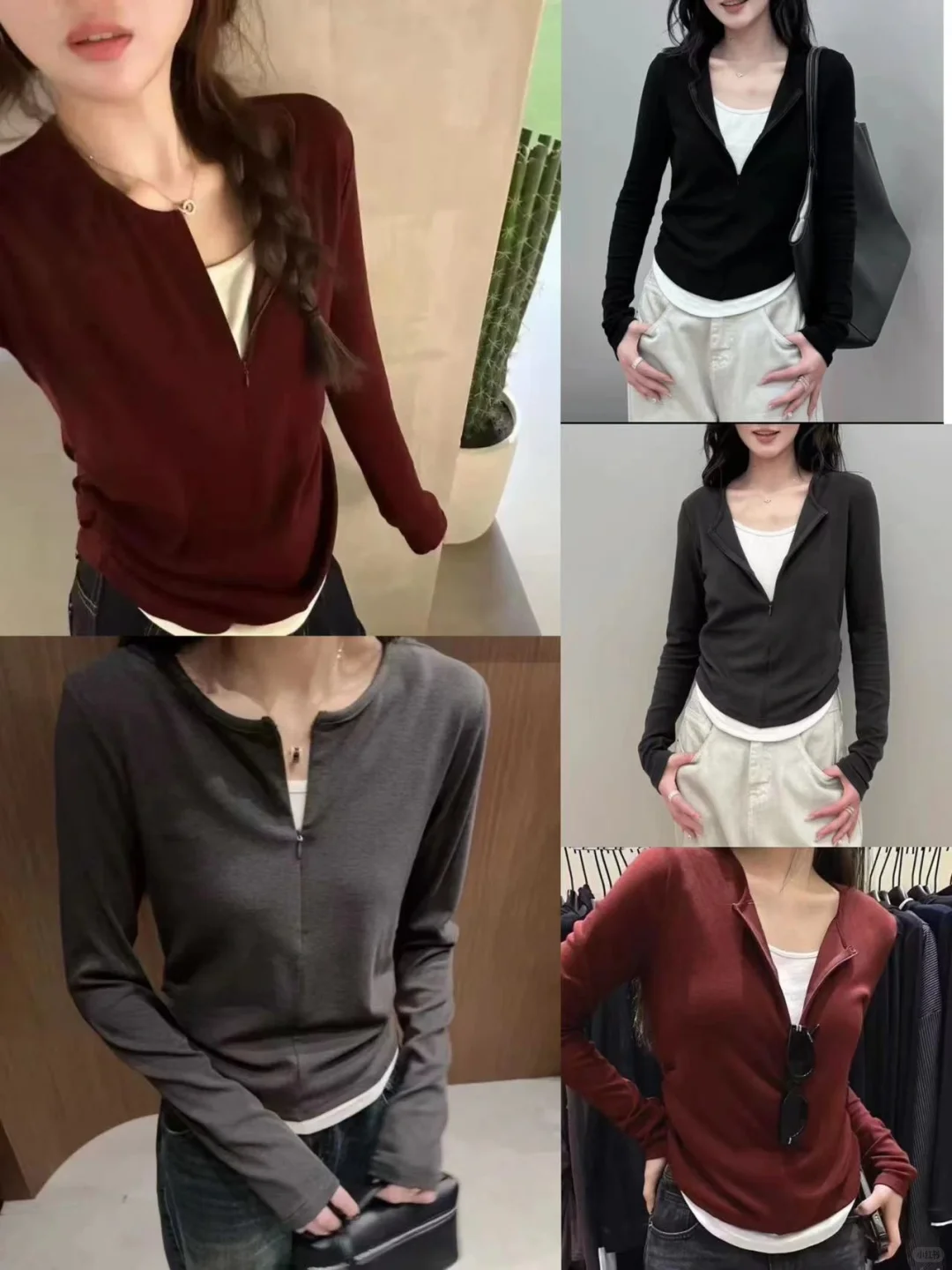 半隐形拉链假两件打底衫