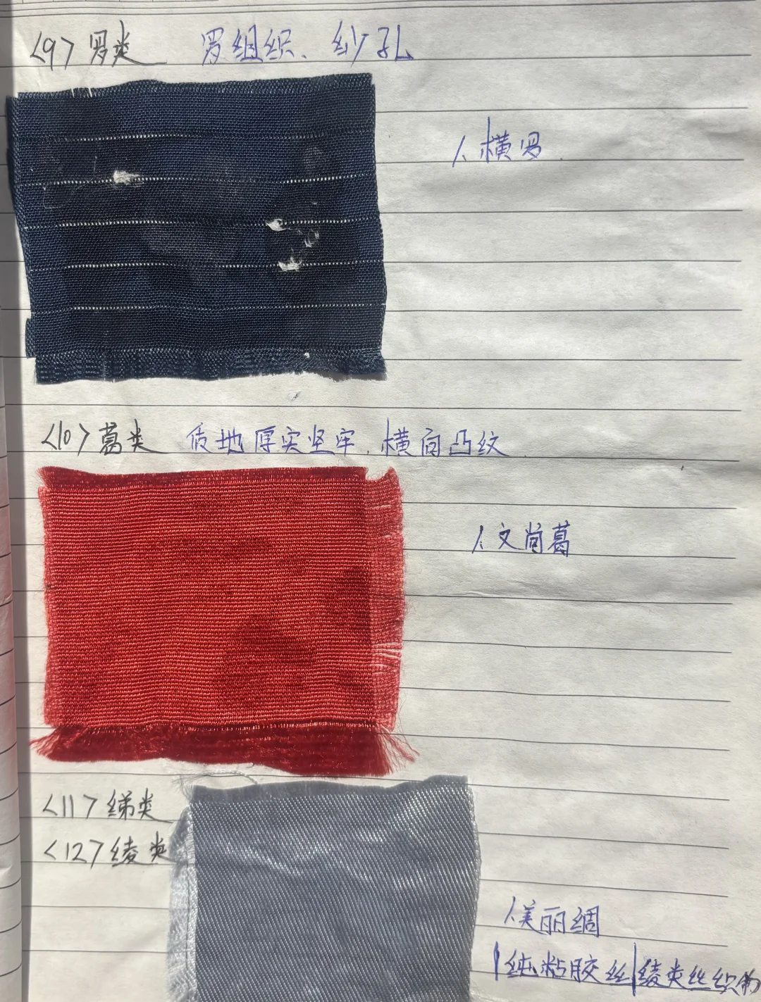 上学期间 做的面料笔记（贴有面料布样?️）