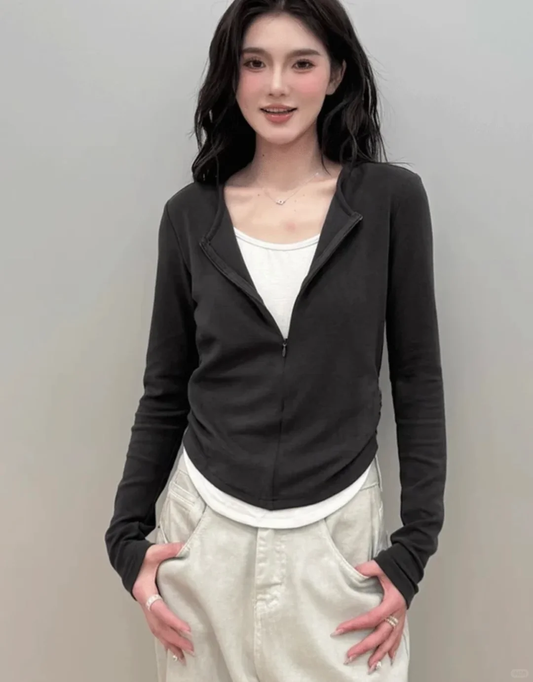 半隐形拉链假两件打底衫