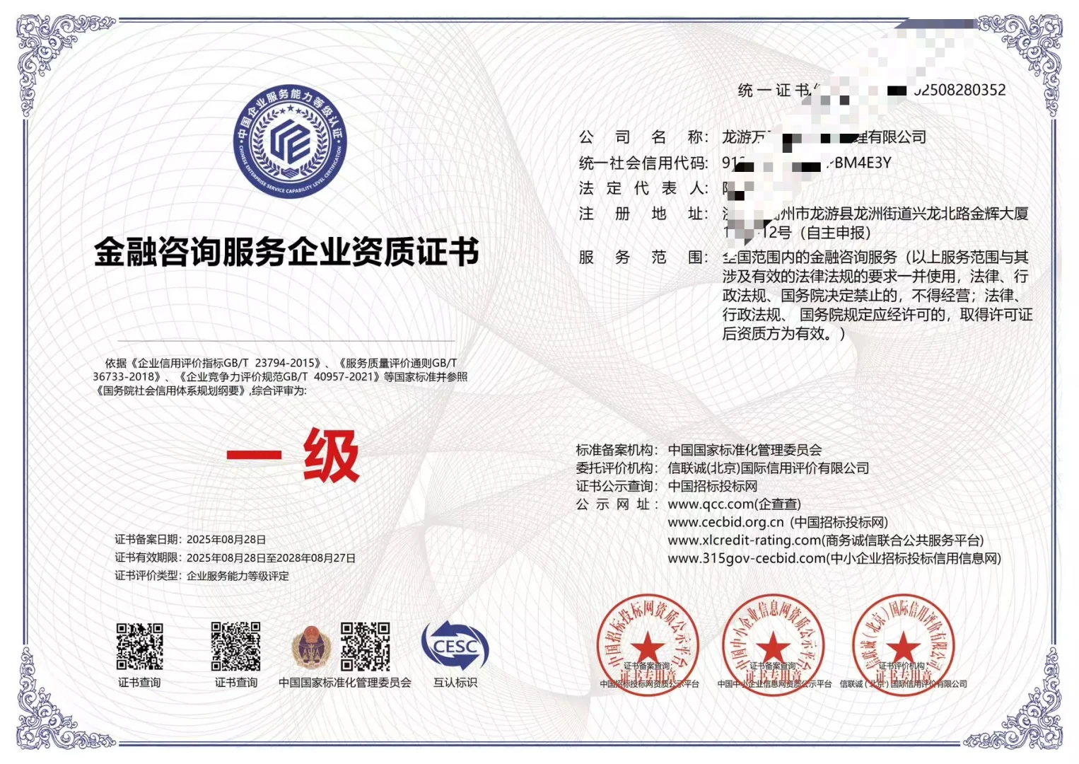 金融咨询服务企业一级证书