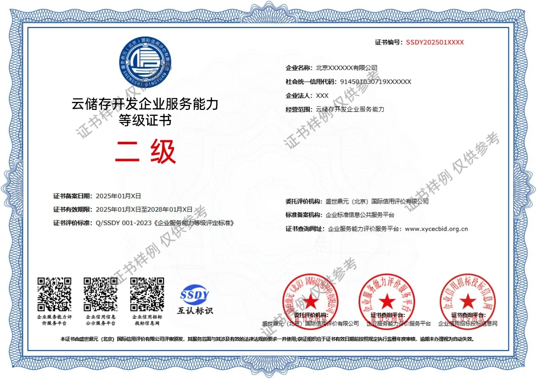 云储存开发企业服务能力等级二级证书