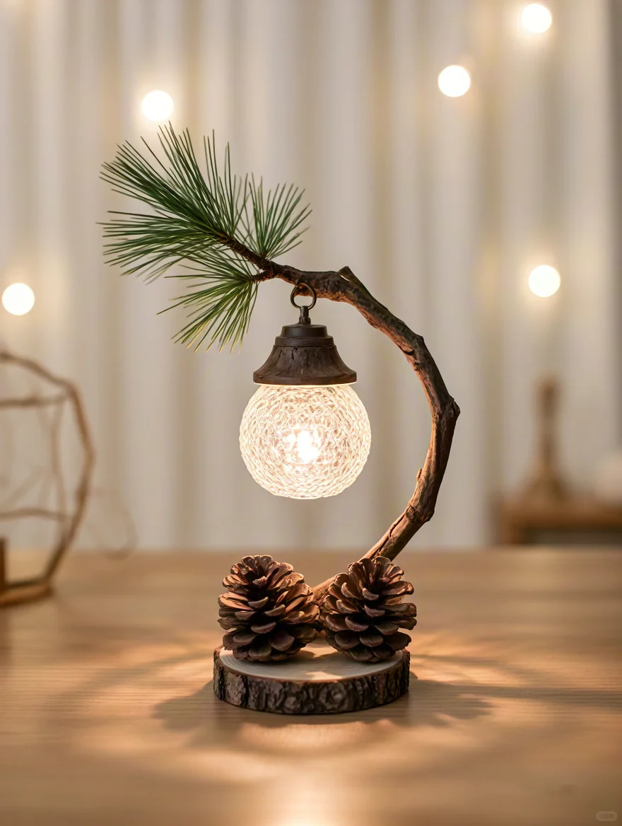 用树枝松果制作自然感小台灯
