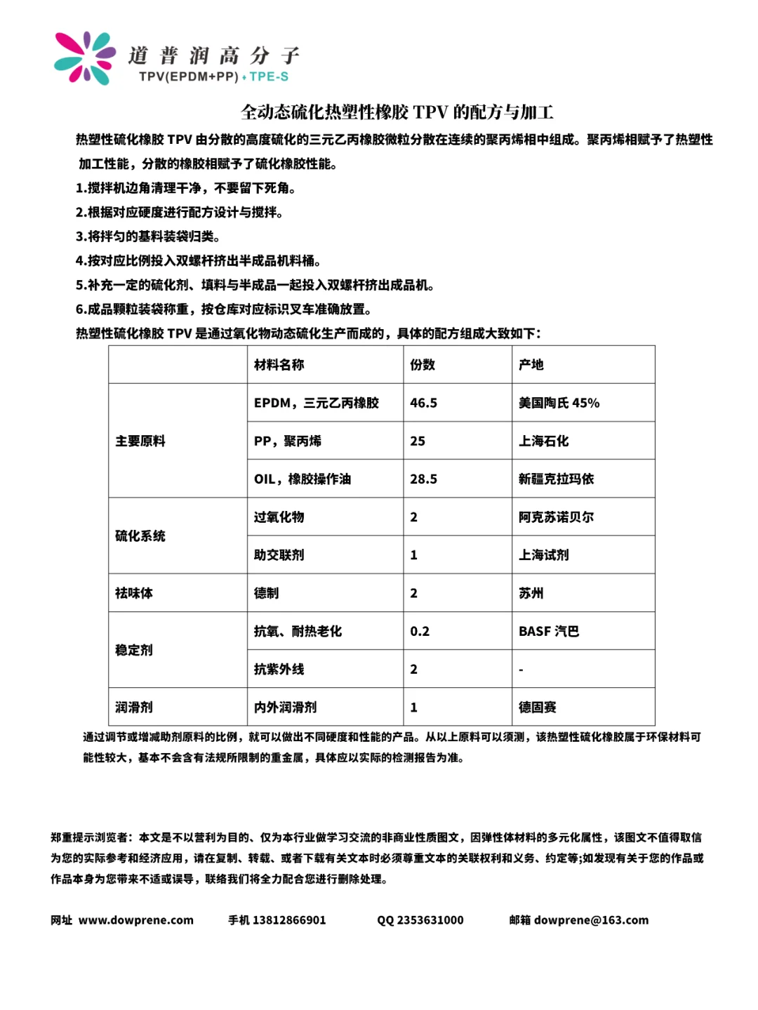 热塑性橡胶TPV的配方与加工