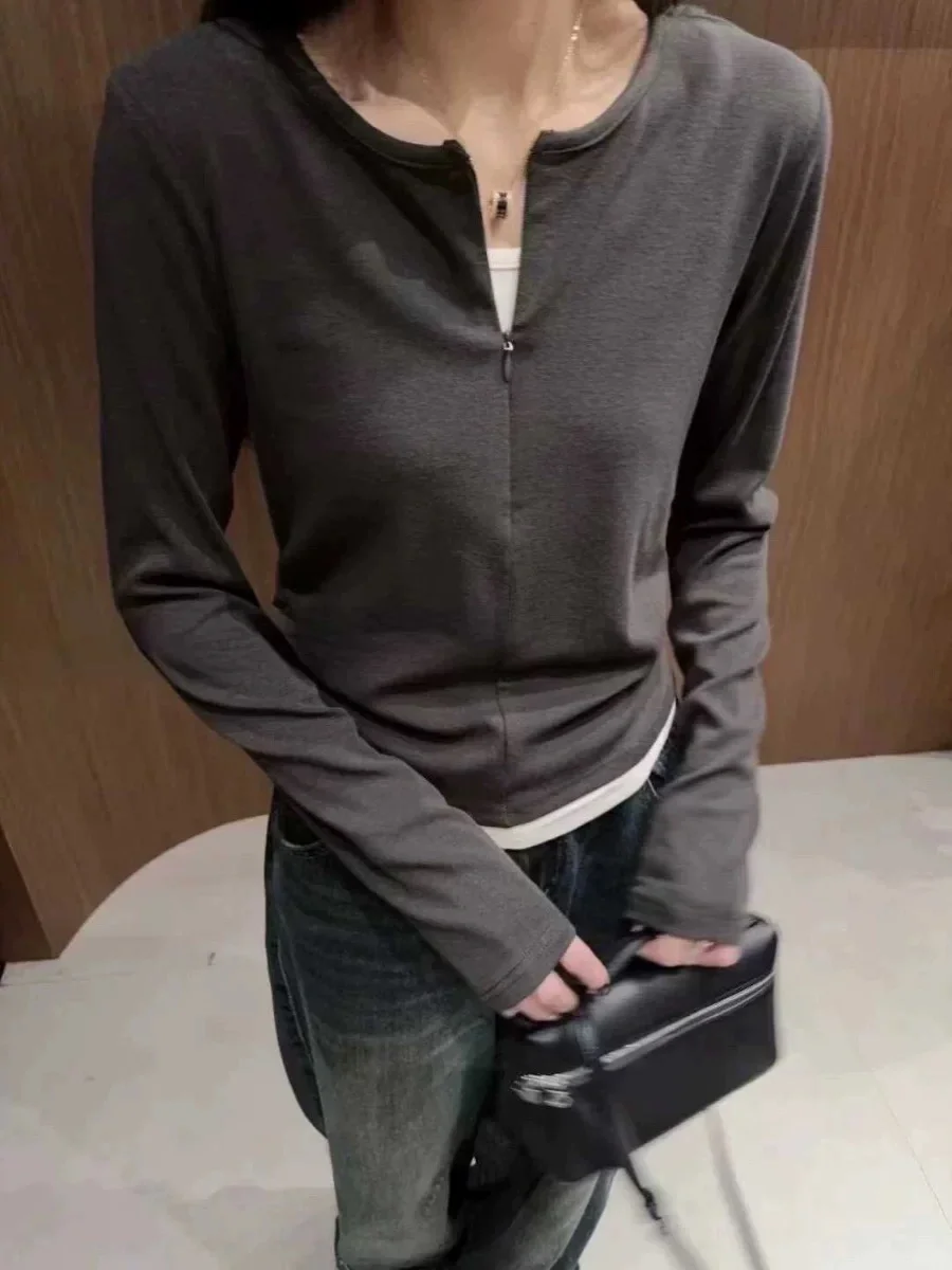 半隐形拉链假两件打底衫