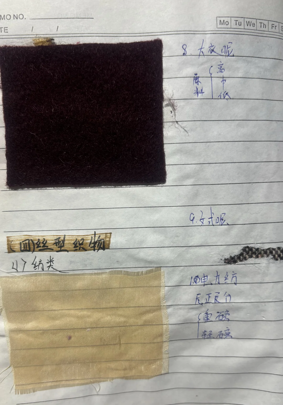 上学期间 做的面料笔记（贴有面料布样?️）