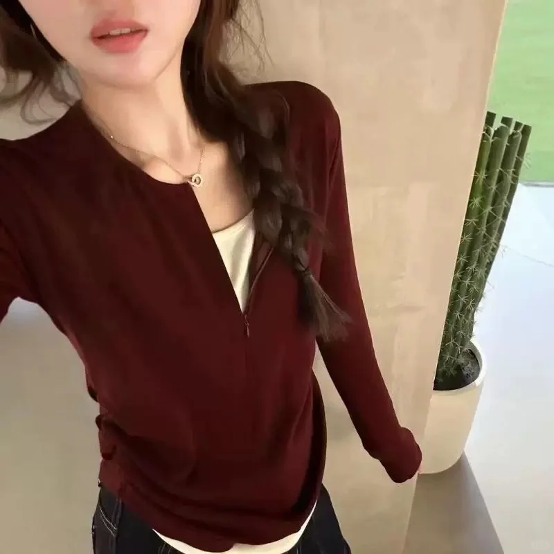 半隐形拉链假两件打底衫