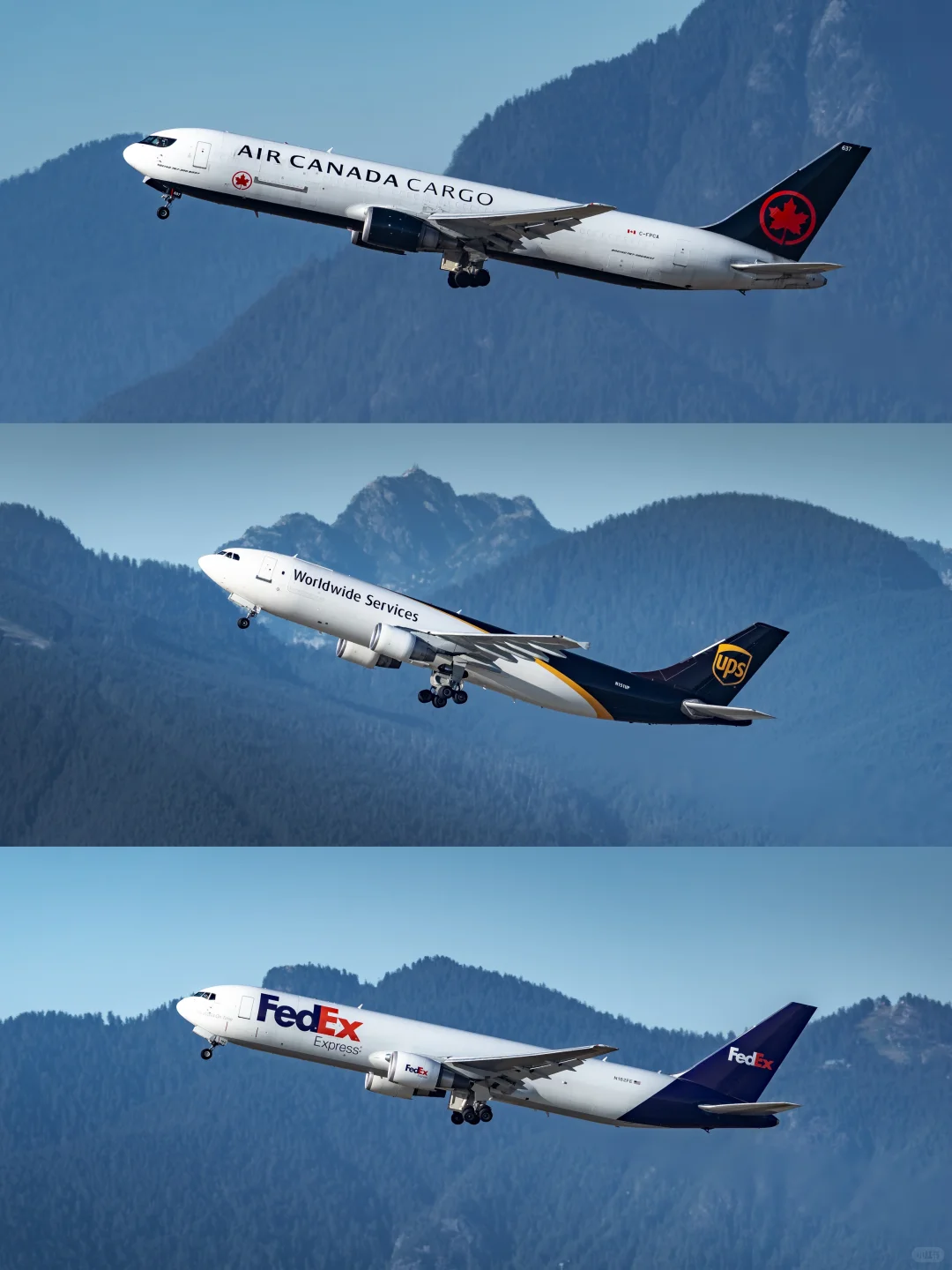 三架经典货机相继从温哥华山景中腾空而起