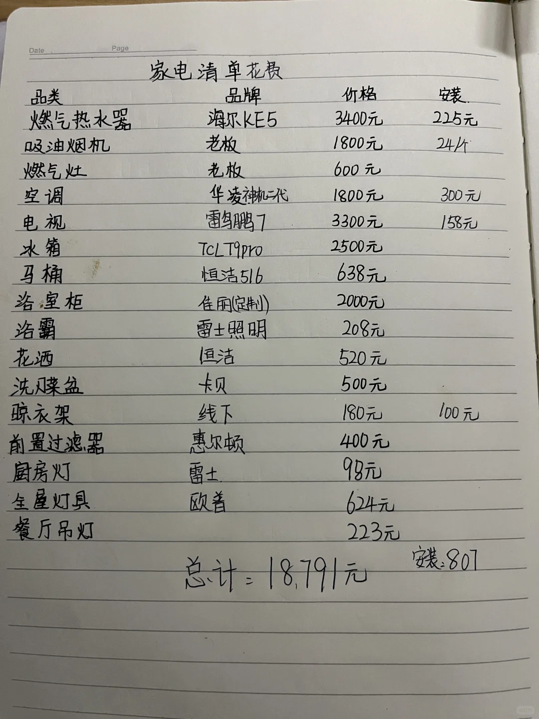 全屋家电花费清单