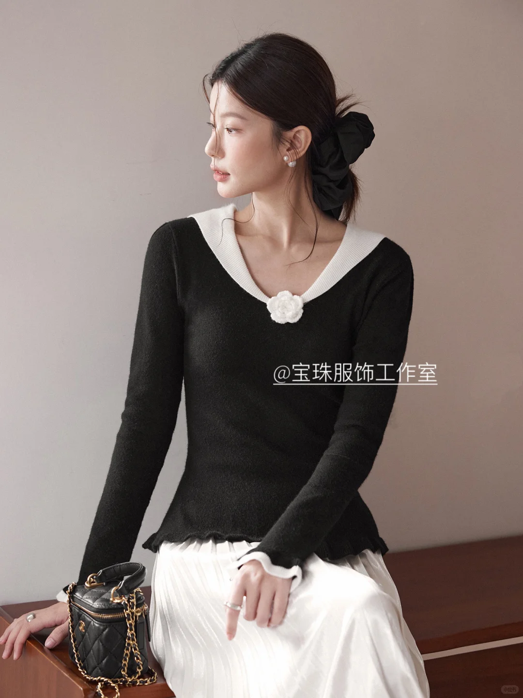 立体花朵修身针织衫秋季木耳边上衣