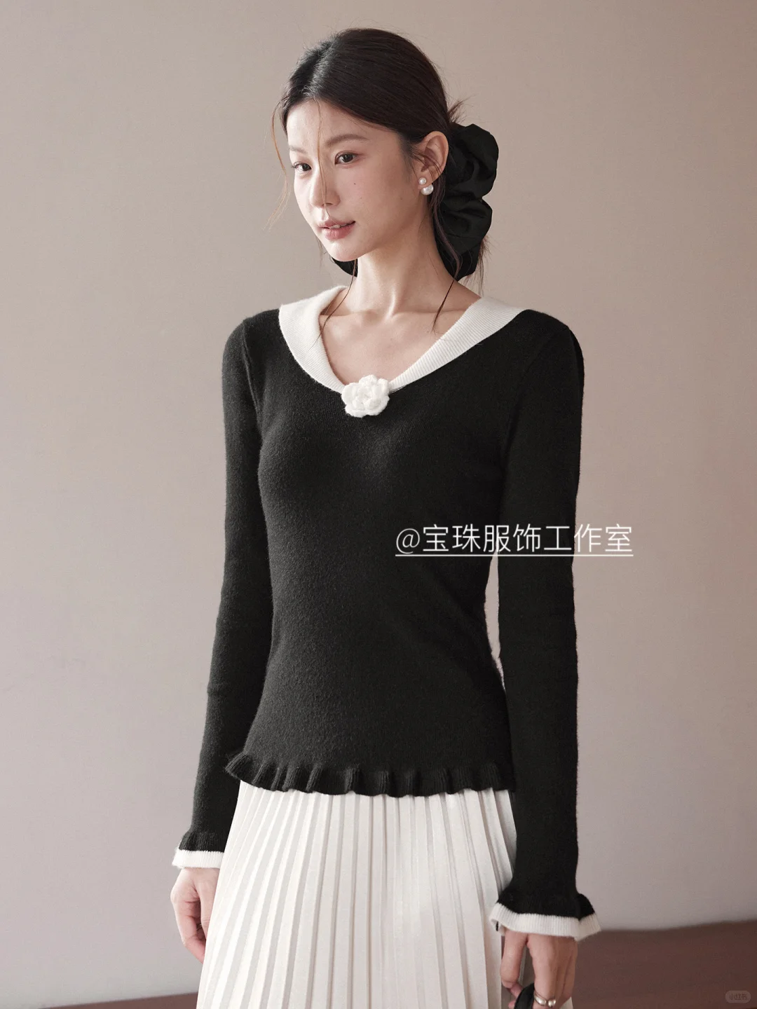 立体花朵修身针织衫秋季木耳边上衣