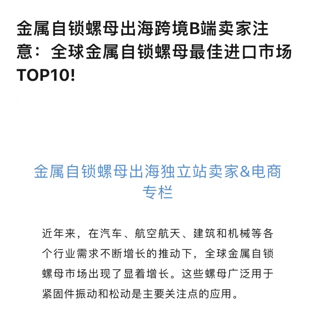 金属自锁螺母出海独立站卖家&电商:进口市场