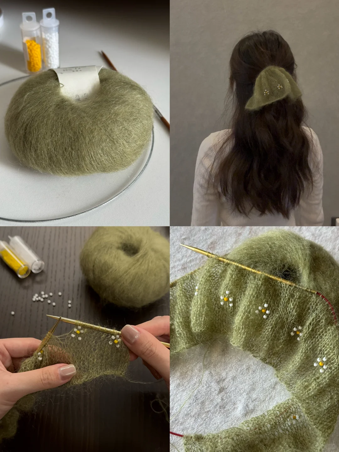 棒针发圈?｜绿油油搭配串珠小花