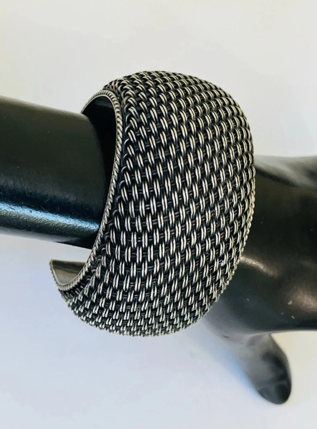 中古925银立体编织工艺宽手镯开口镯