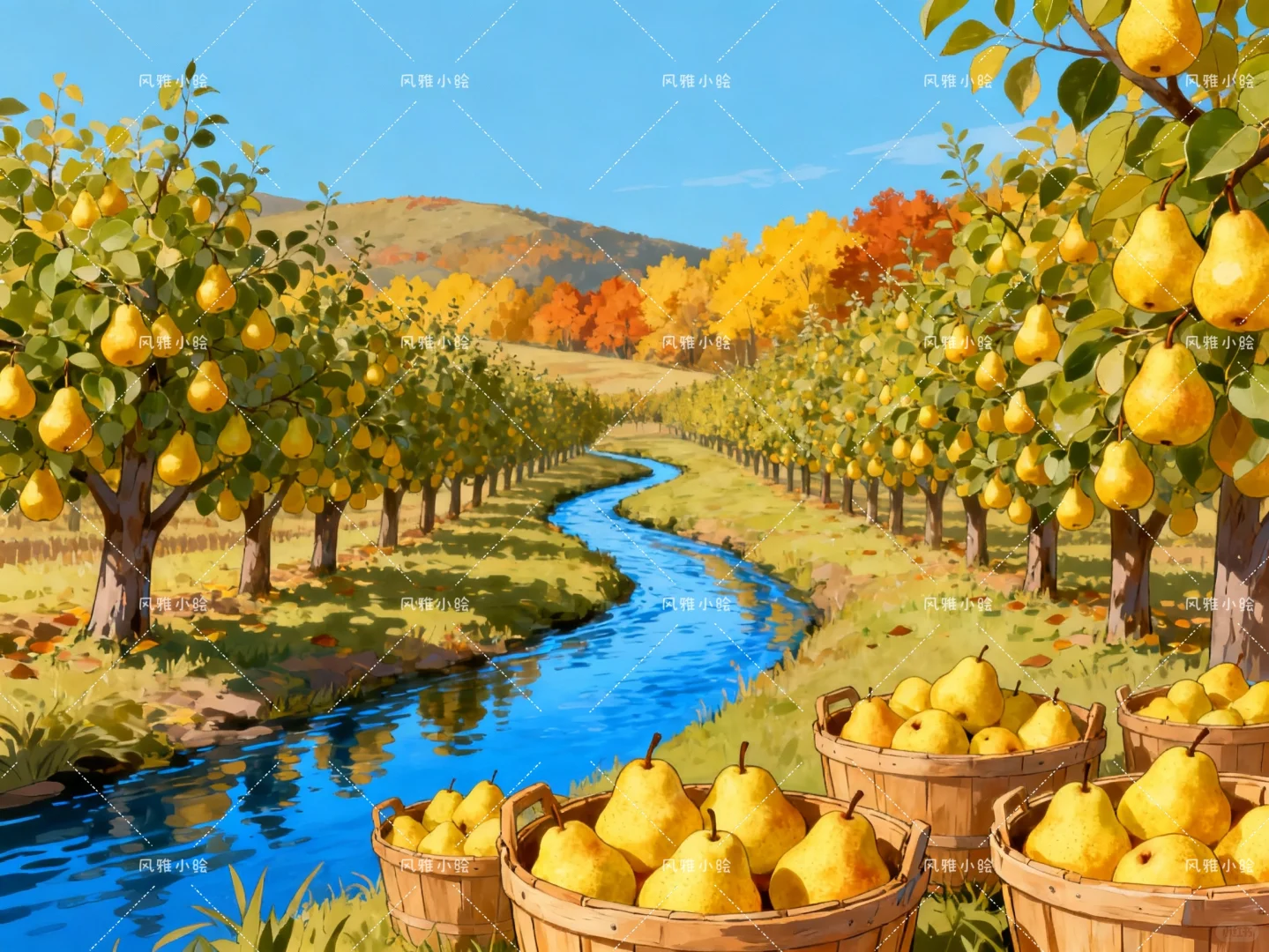 田园风光插画，丰收的果园子