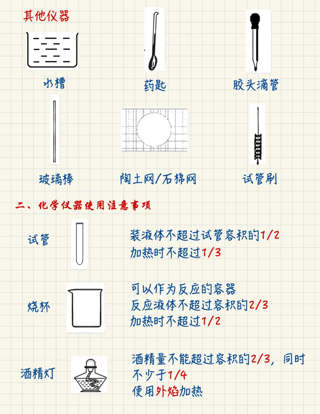 初三化学月考复习丨化学仪器和注意事项