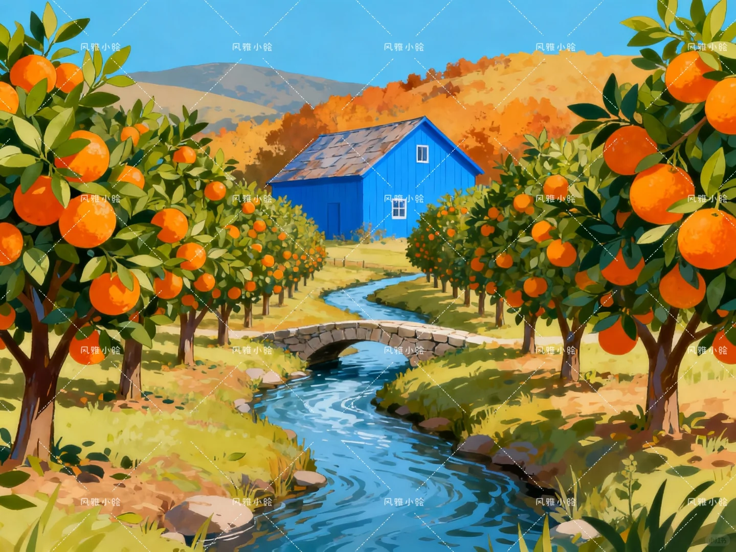 田园风光插画，丰收的果园子