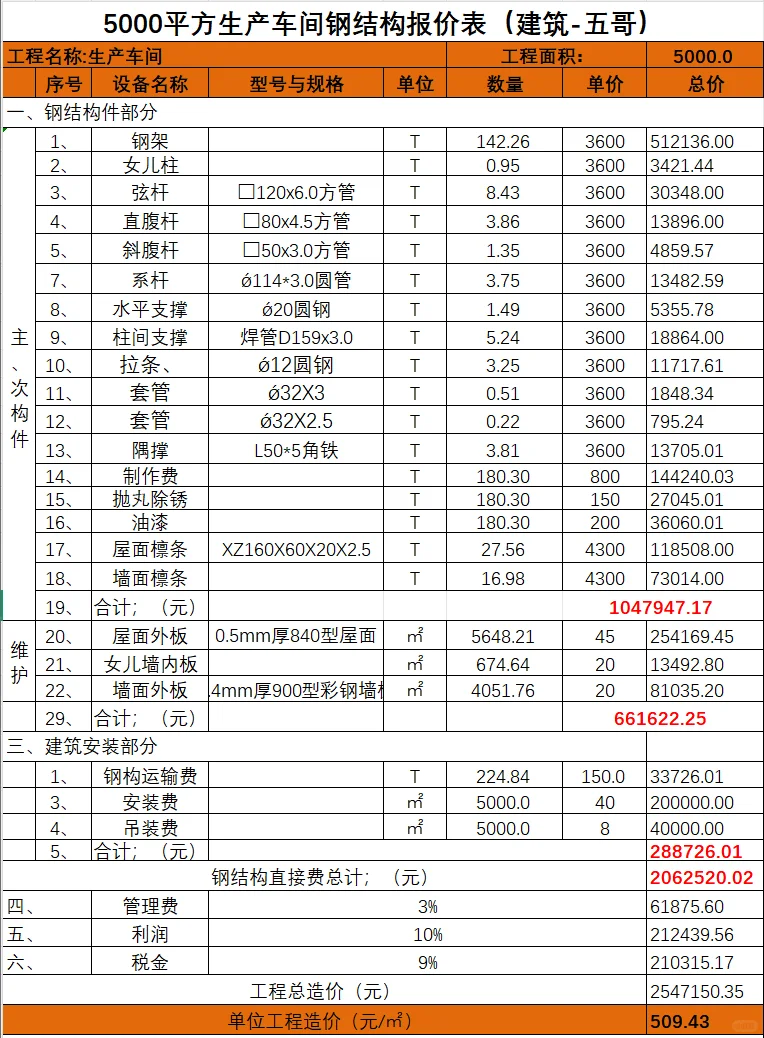 5000平方生产车间钢结构报价表