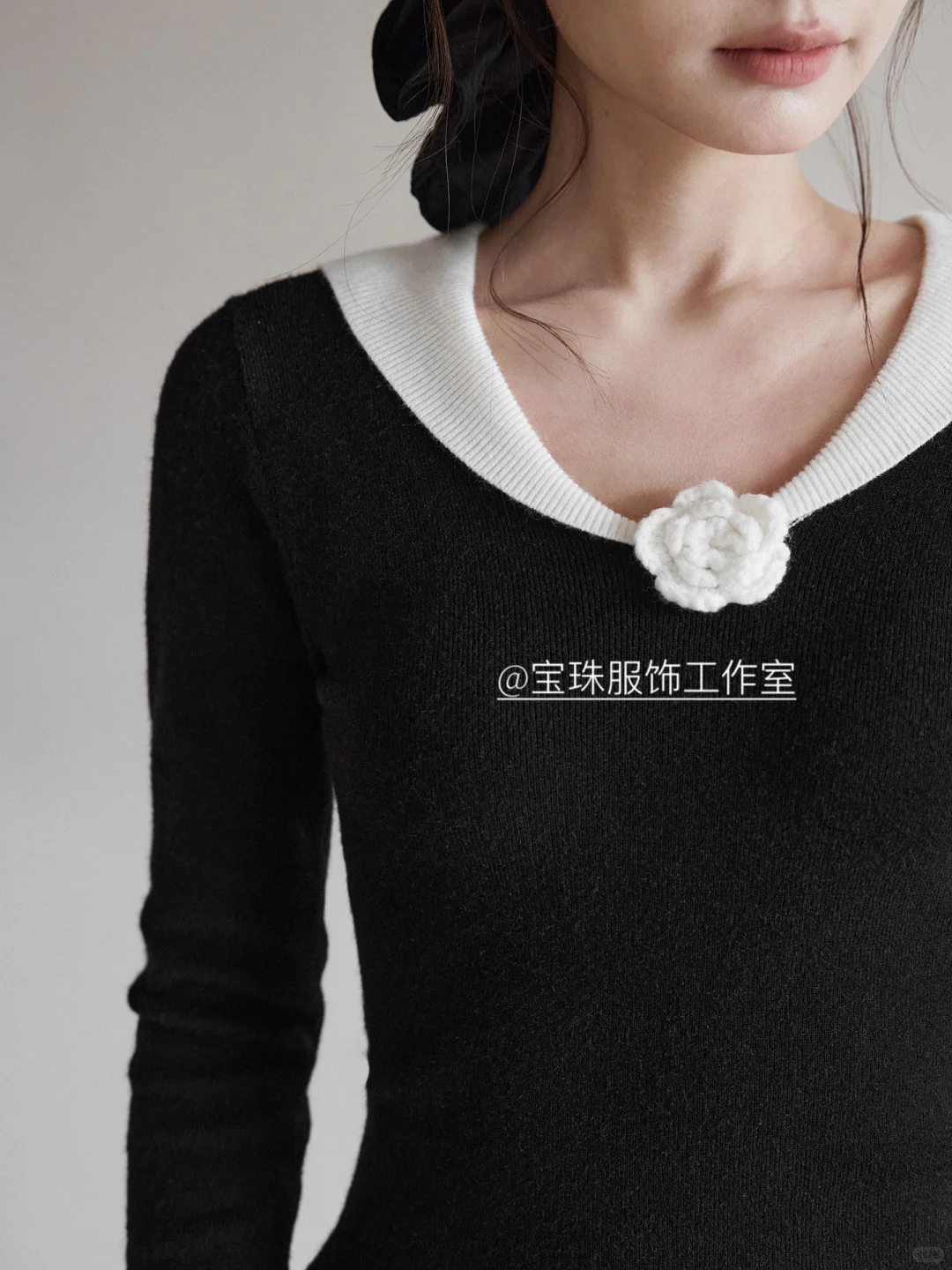 立体花朵修身针织衫秋季木耳边上衣