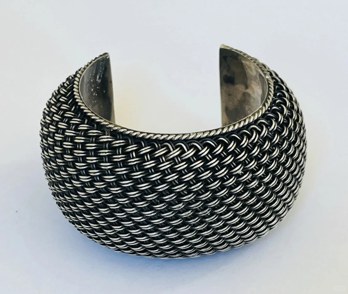 中古925银立体编织工艺宽手镯开口镯