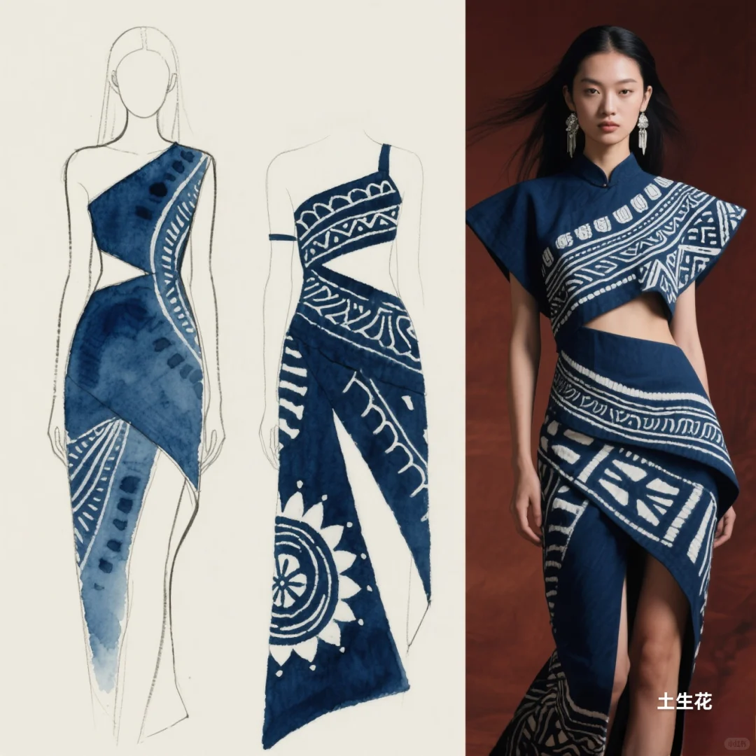 蓝白交响：苗族蜡染与不规则剪裁共舞，精灵