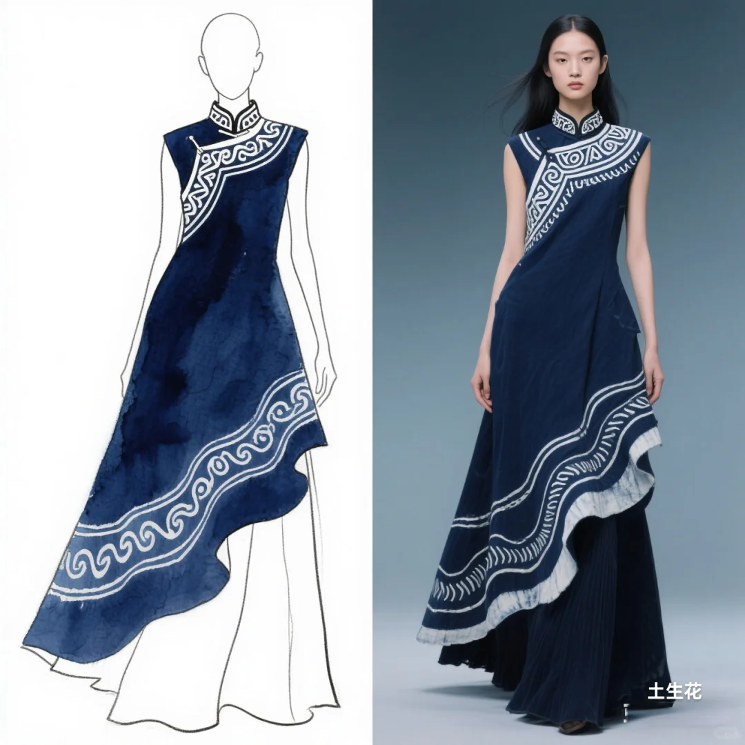 蓝白交响：苗族蜡染与不规则剪裁共舞，精灵