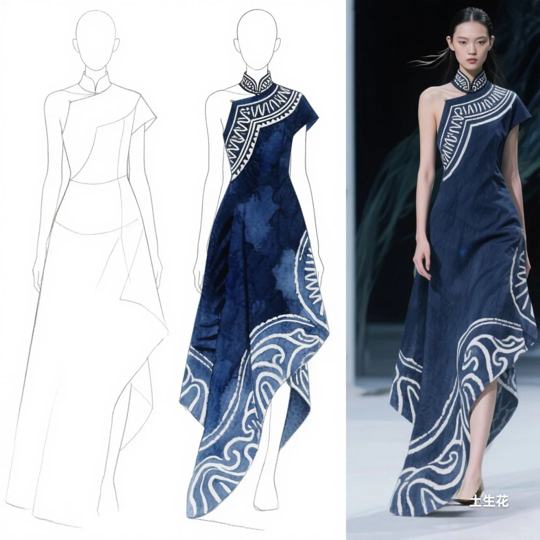 蓝白交响：苗族蜡染与不规则剪裁共舞，精灵