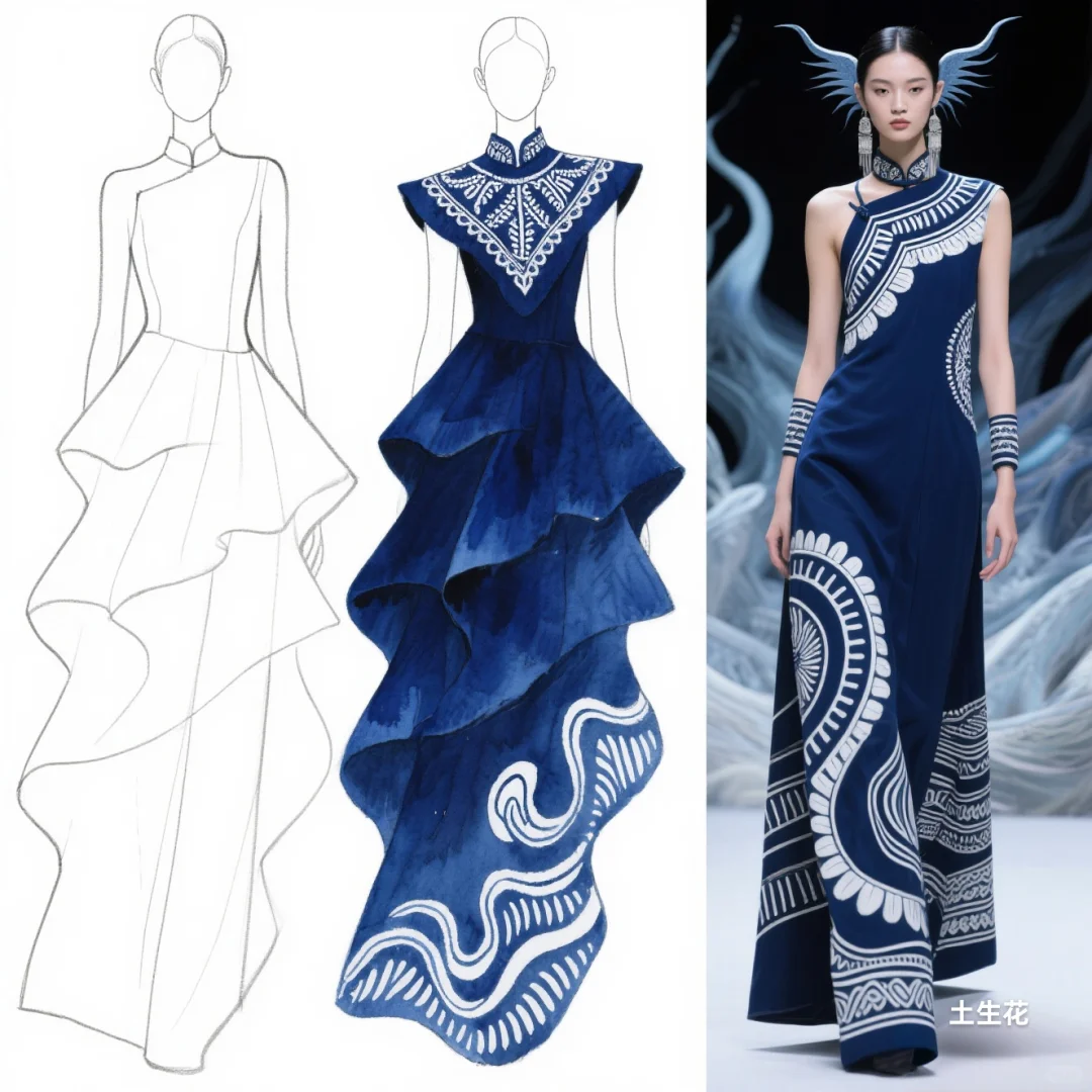 蓝白交响：苗族蜡染与不规则剪裁共舞，精灵