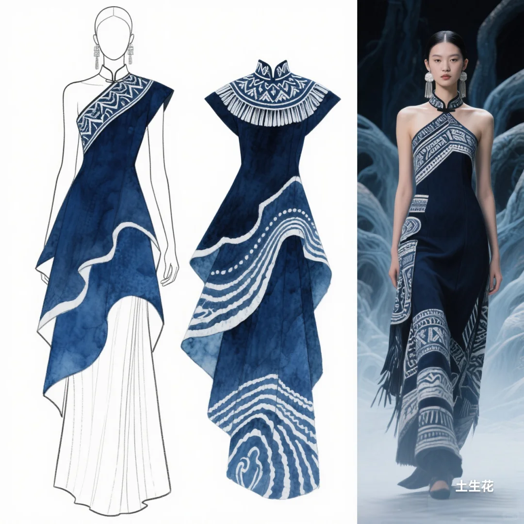 蓝白交响：苗族蜡染与不规则剪裁共舞，精灵