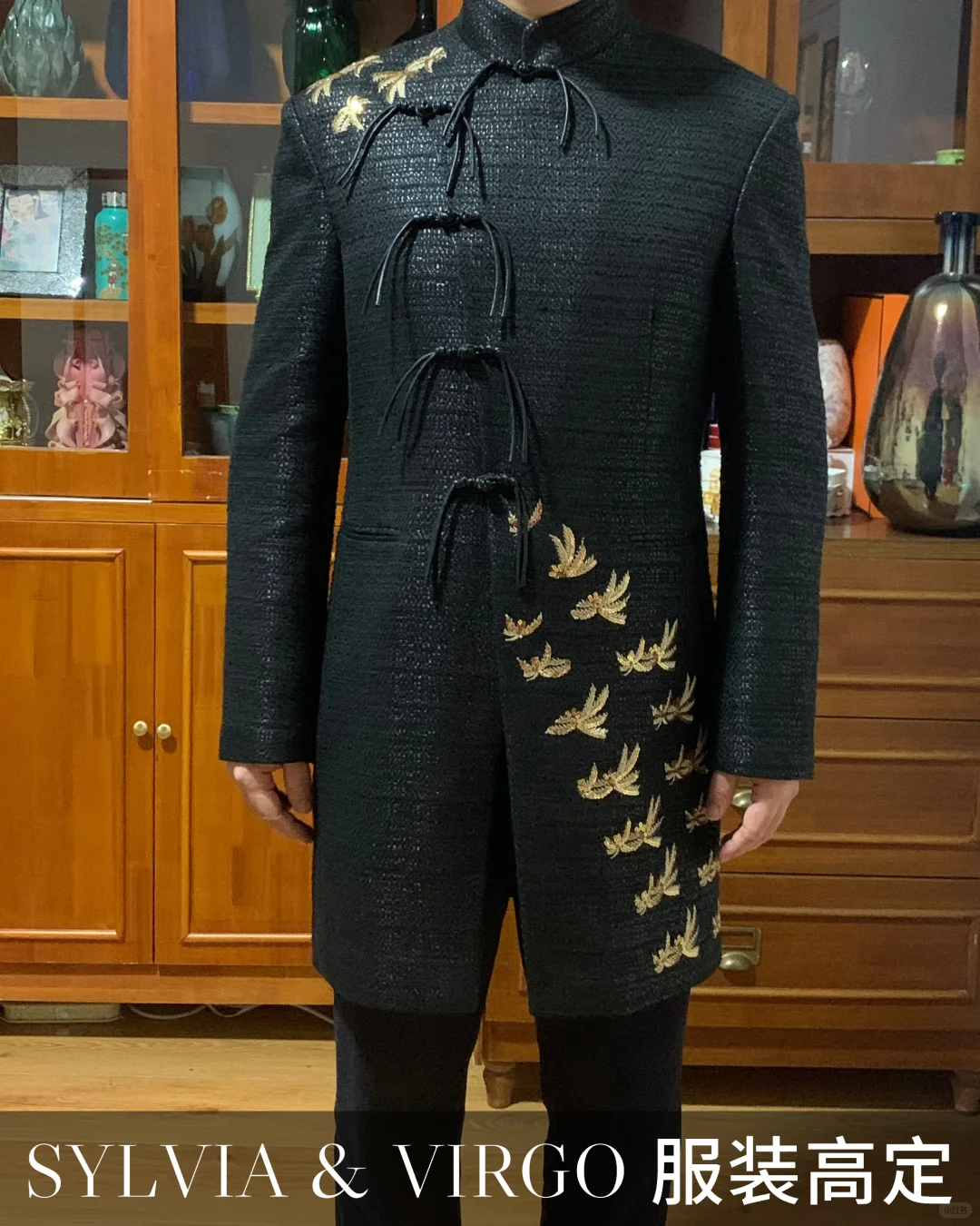 飞鸟刺绣立领长款外套