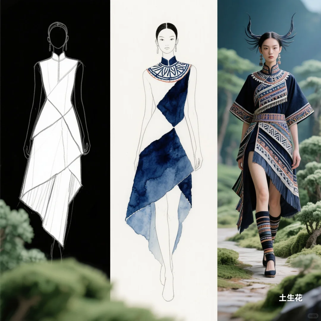 蓝白交响：苗族蜡染与不规则剪裁共舞，精灵