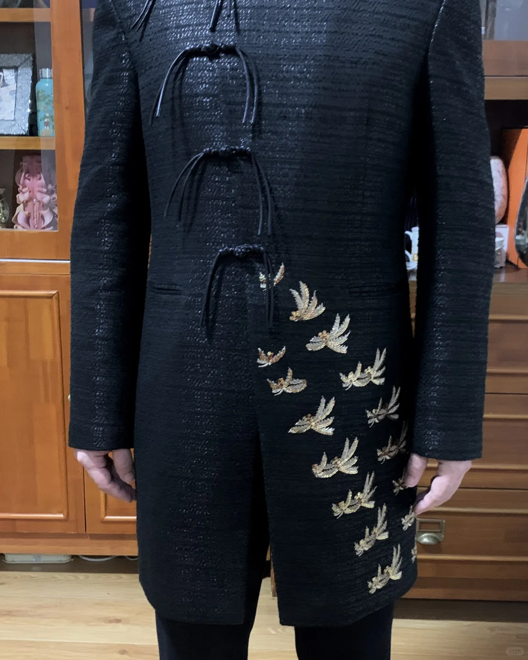 飞鸟刺绣立领长款外套