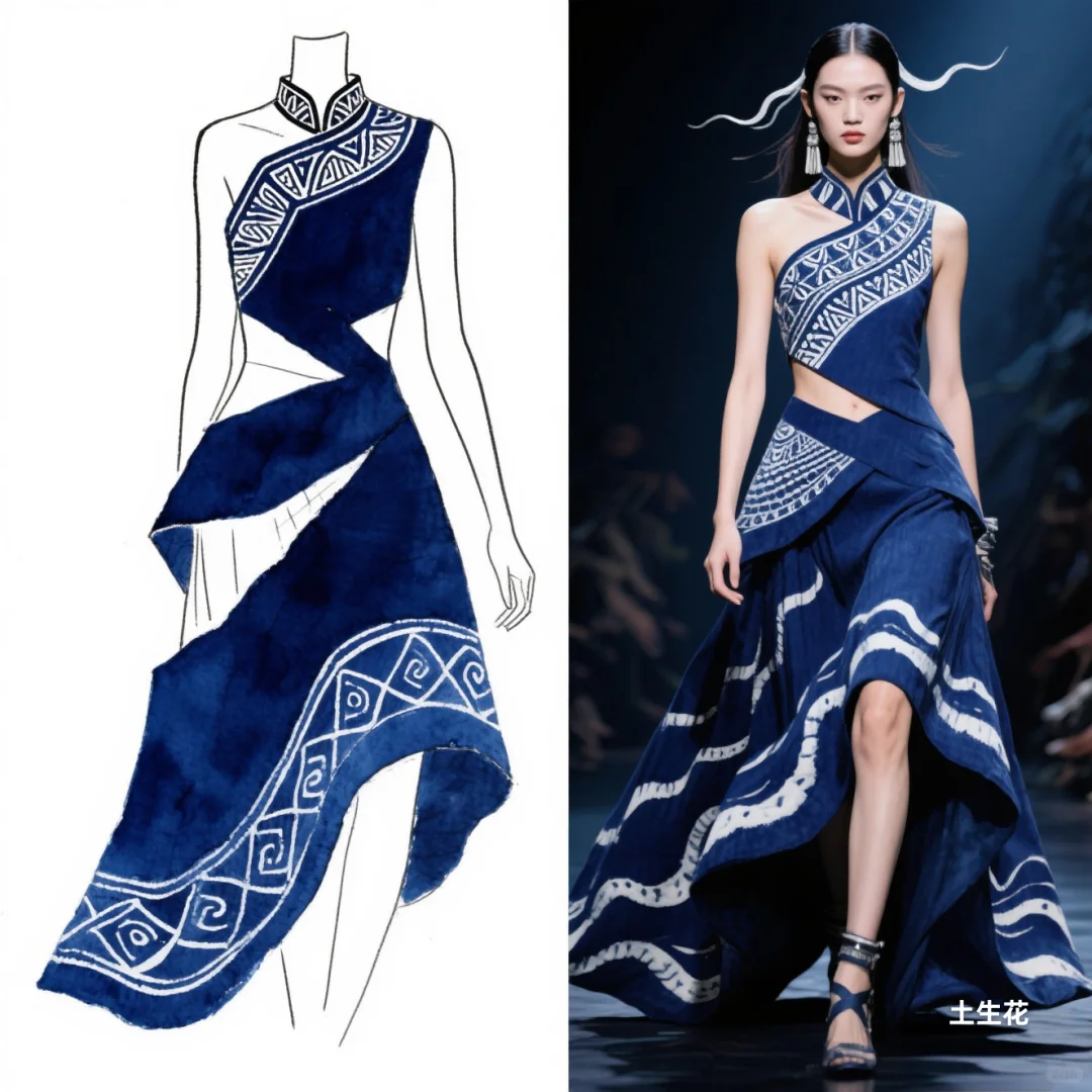 蓝白交响：苗族蜡染与不规则剪裁共舞，精灵