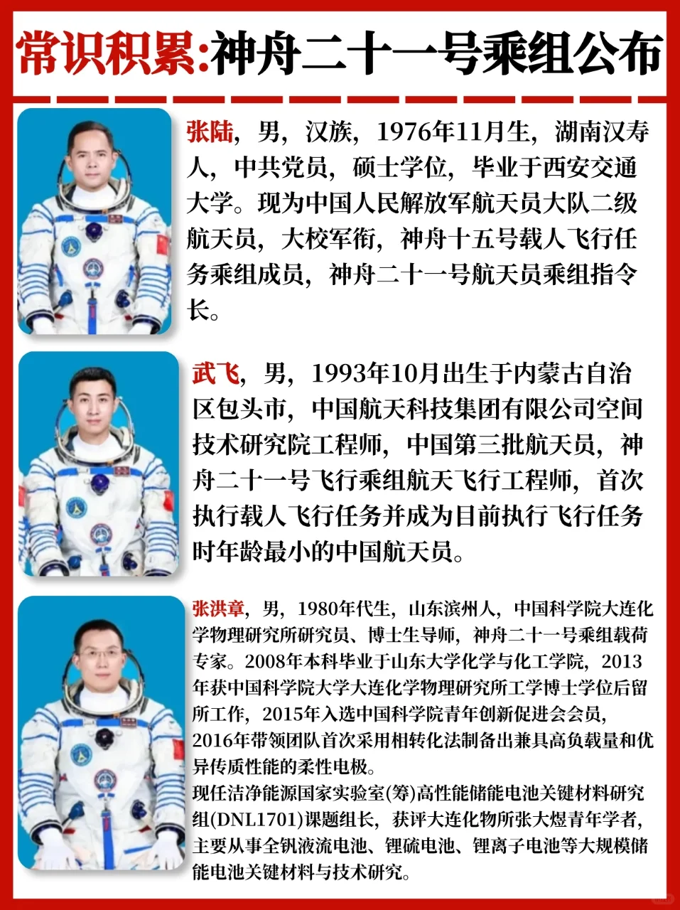 神舟二十一号乘组公布?公考常识积累