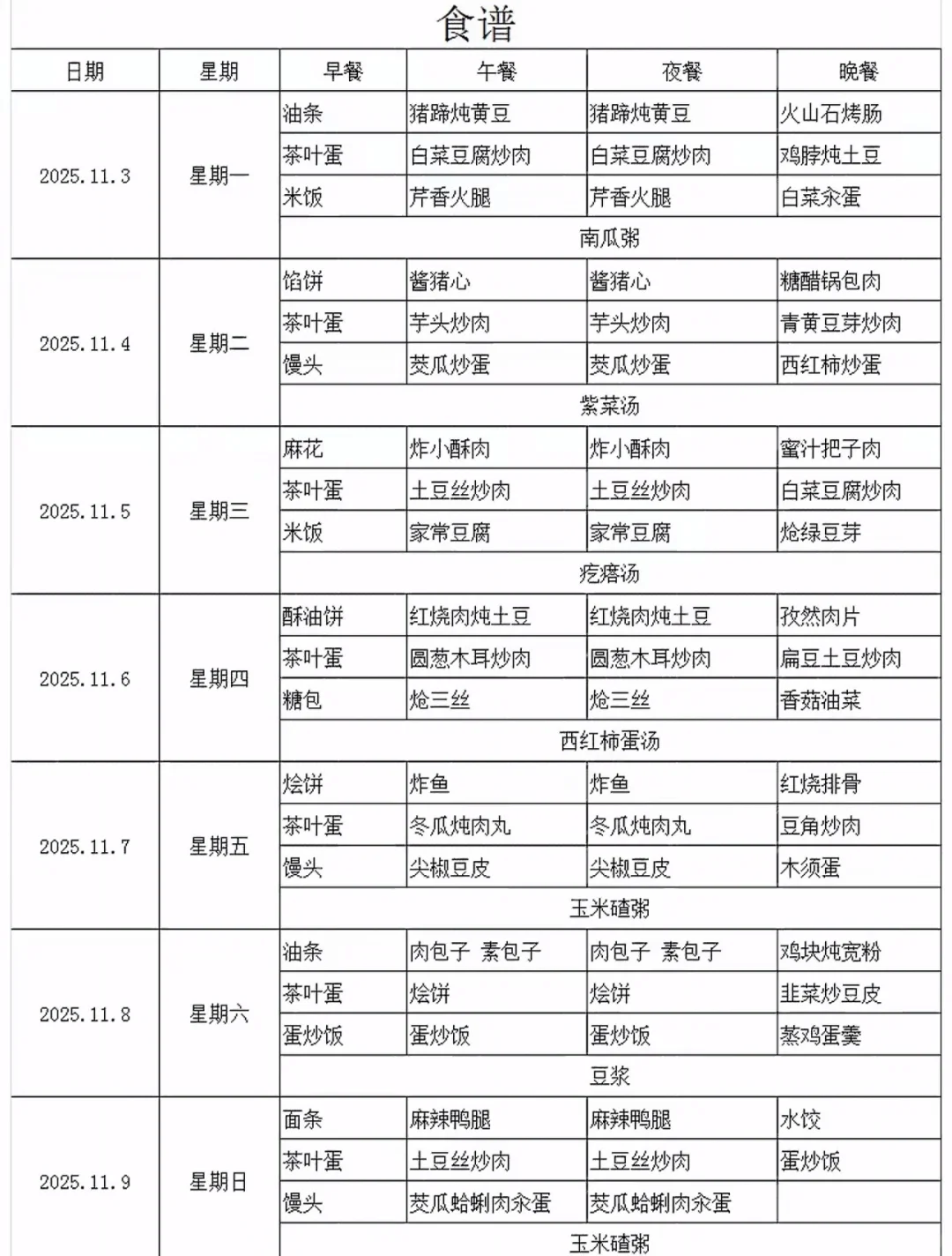 大学食堂 菜单➕配方