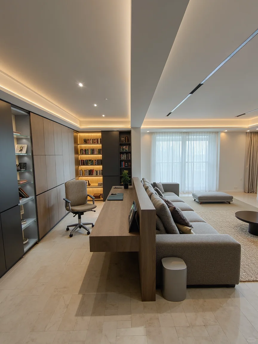 沙发背靠开放式书房！白嫖大横厅+收纳爽飞