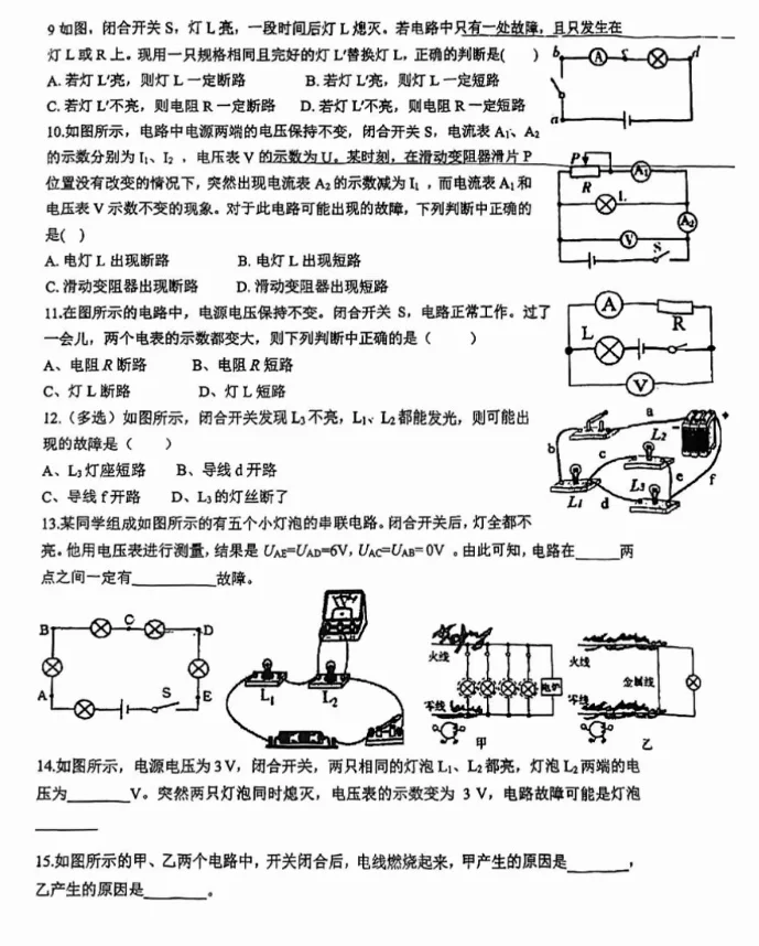 电路故障分析习题及解析答案