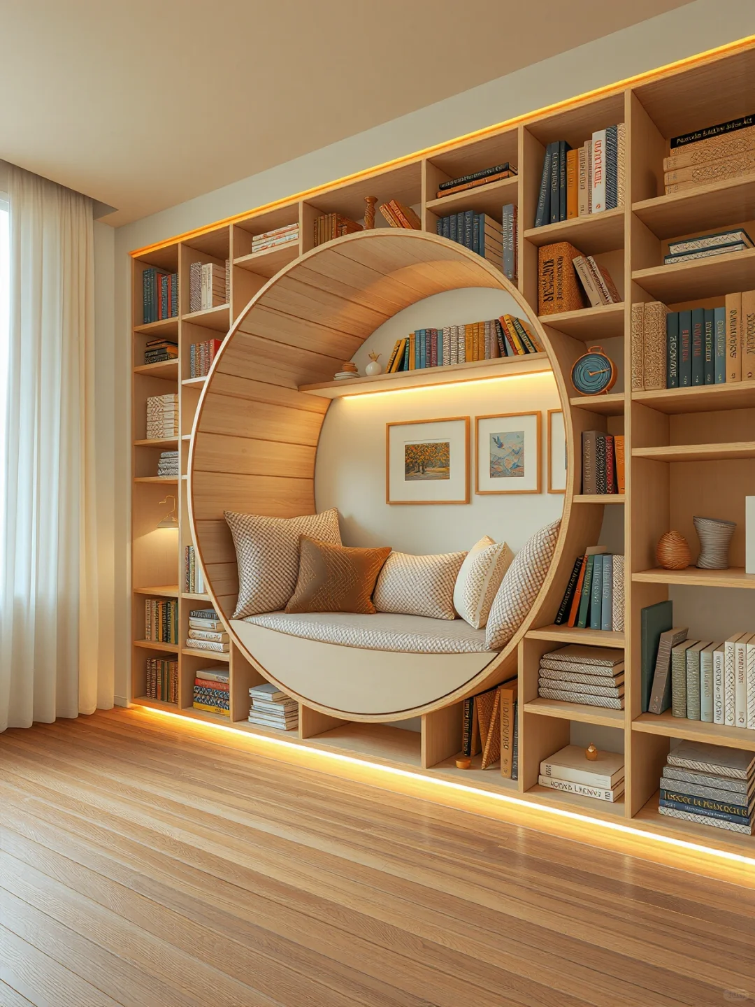 书架掏圆做沙发,原木极简把松弛感卷明白了