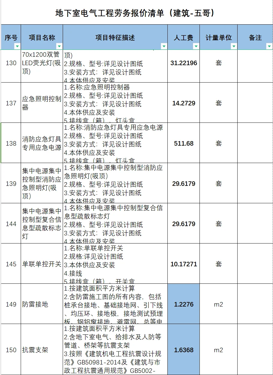 地下室电气工程劳务报价清单
