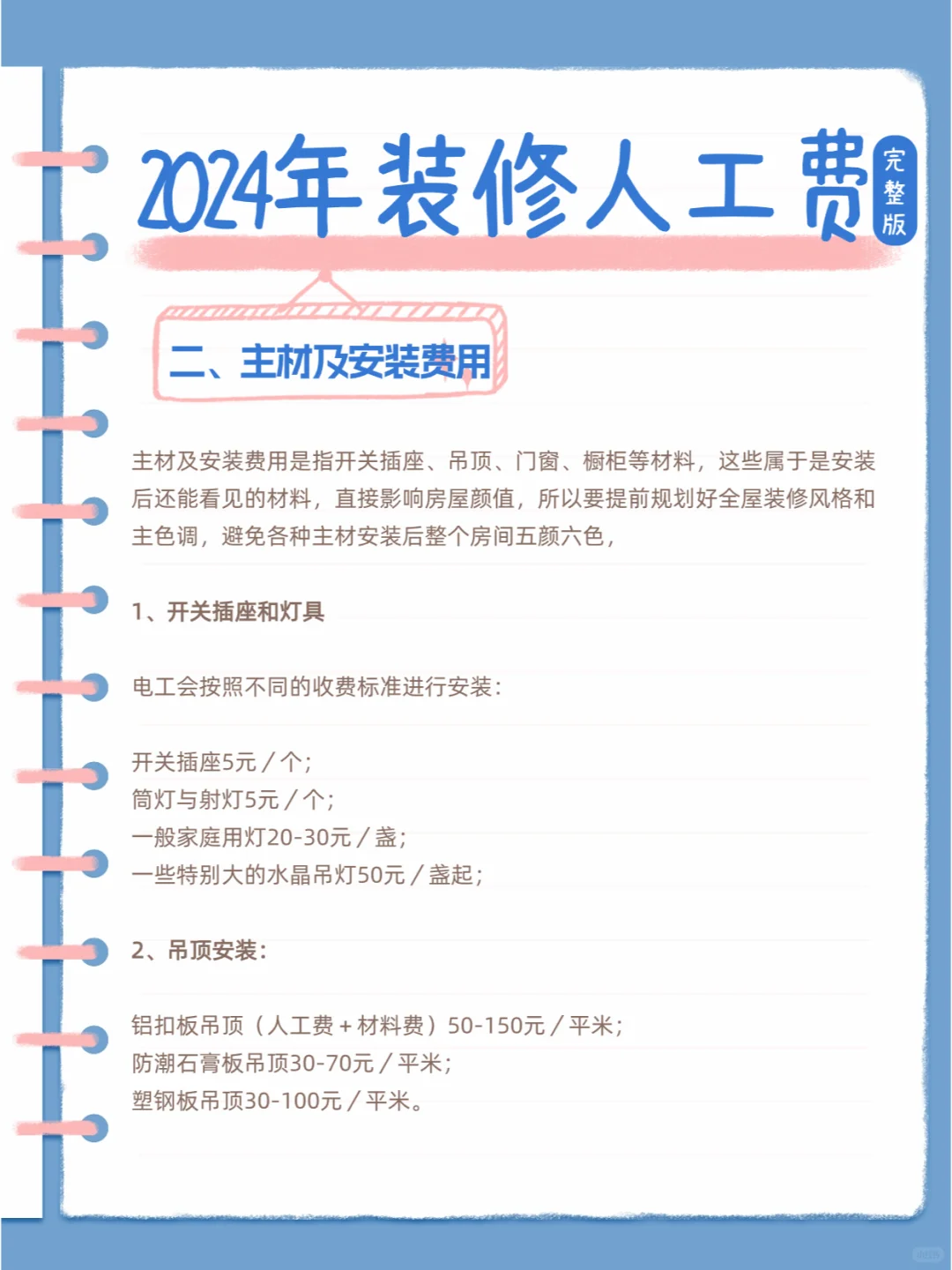 2024年装修人工费+主材+电器安装费用清单