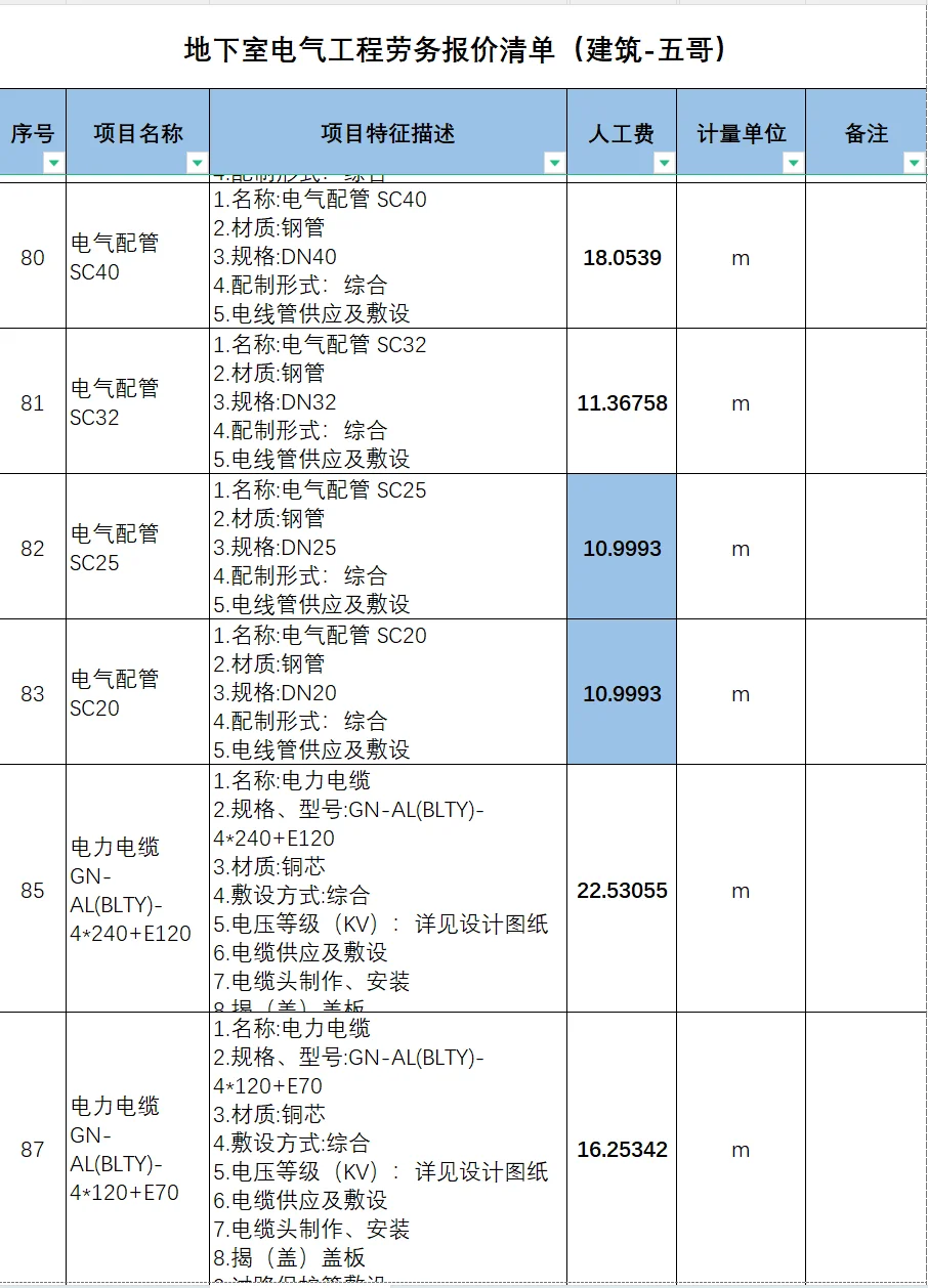 地下室电气工程劳务报价清单