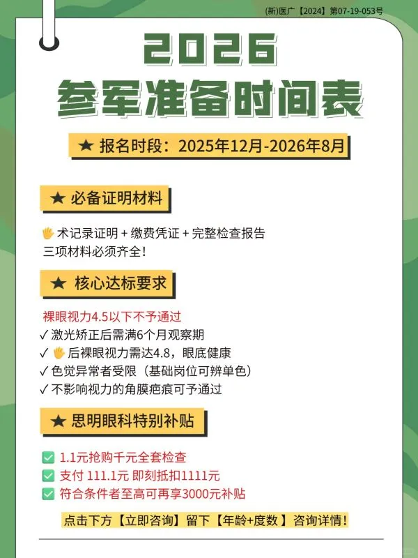 征兵视力通关！1.1元检查+至高补贴三千