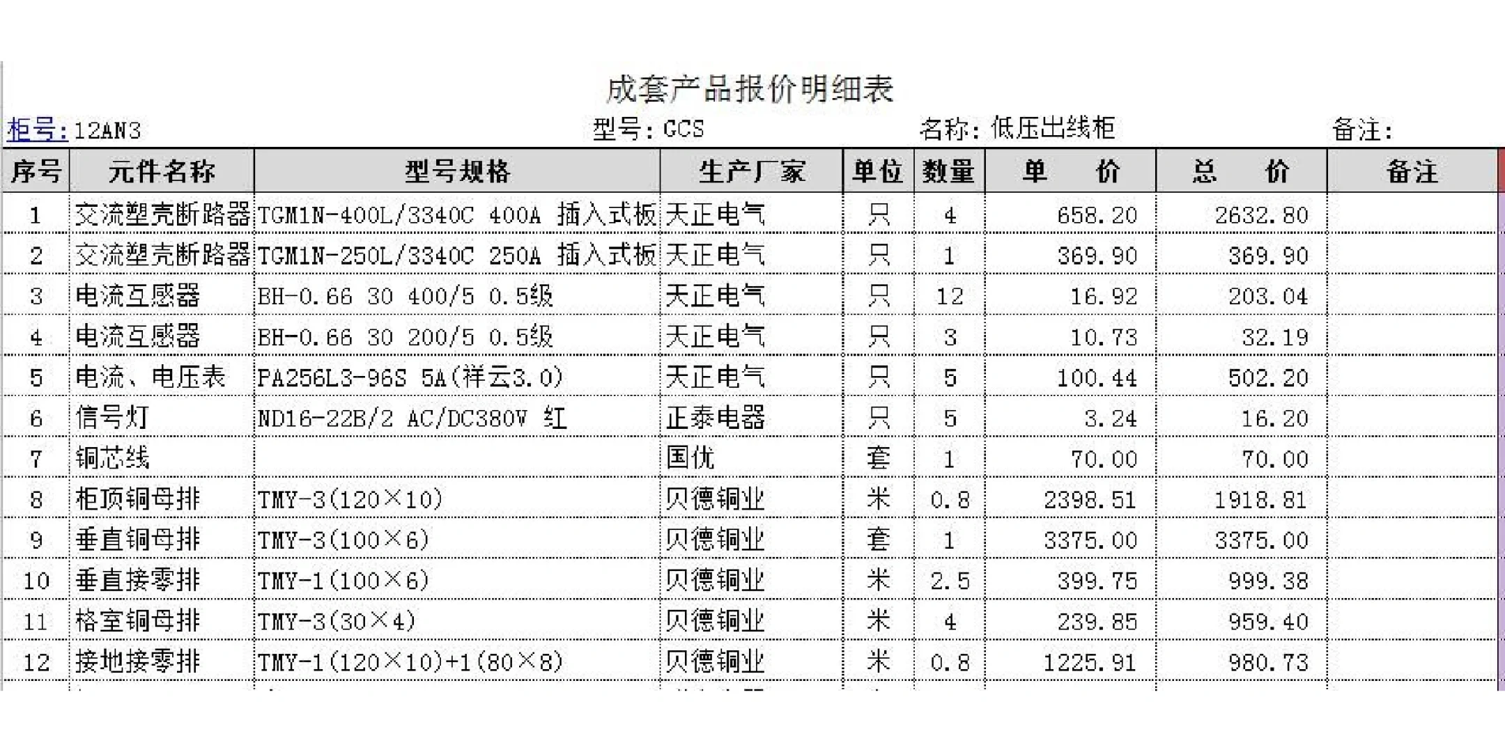 成套电气报价日常