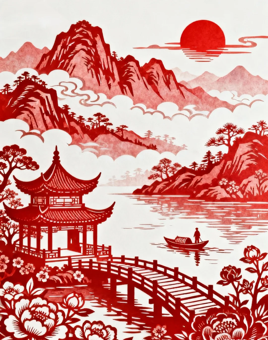 剪纸，风景，山水，亭楼，非遗剪纸