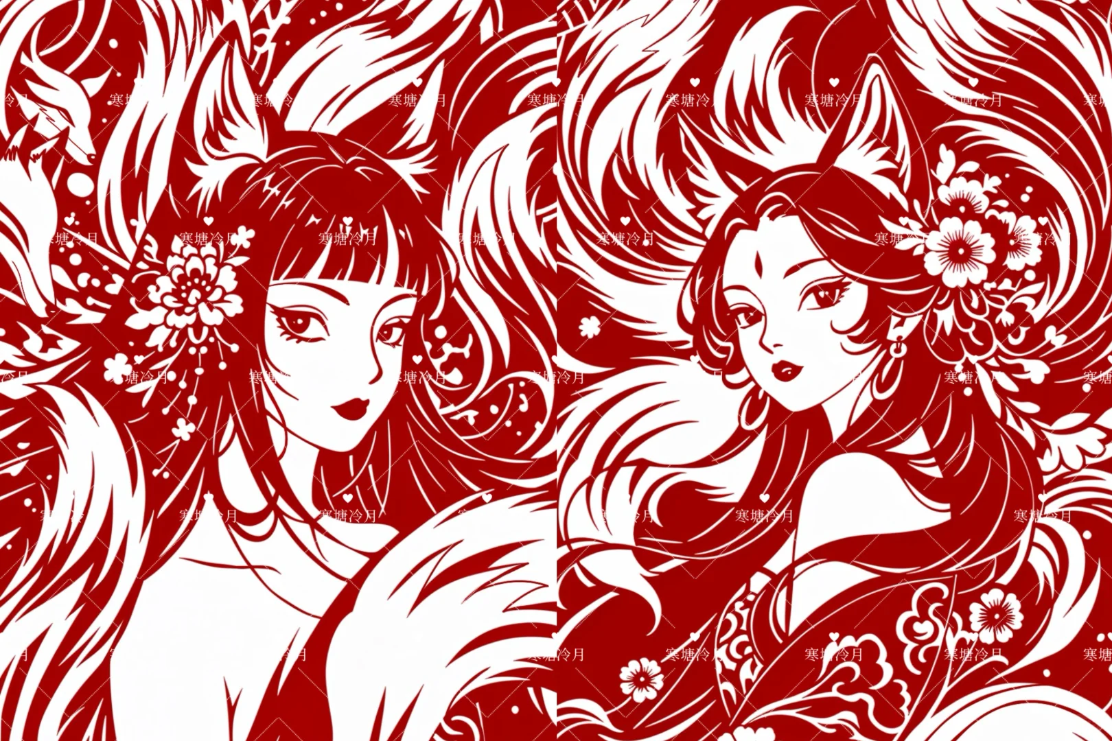 九尾狐女03剪纸刻纸底稿分享