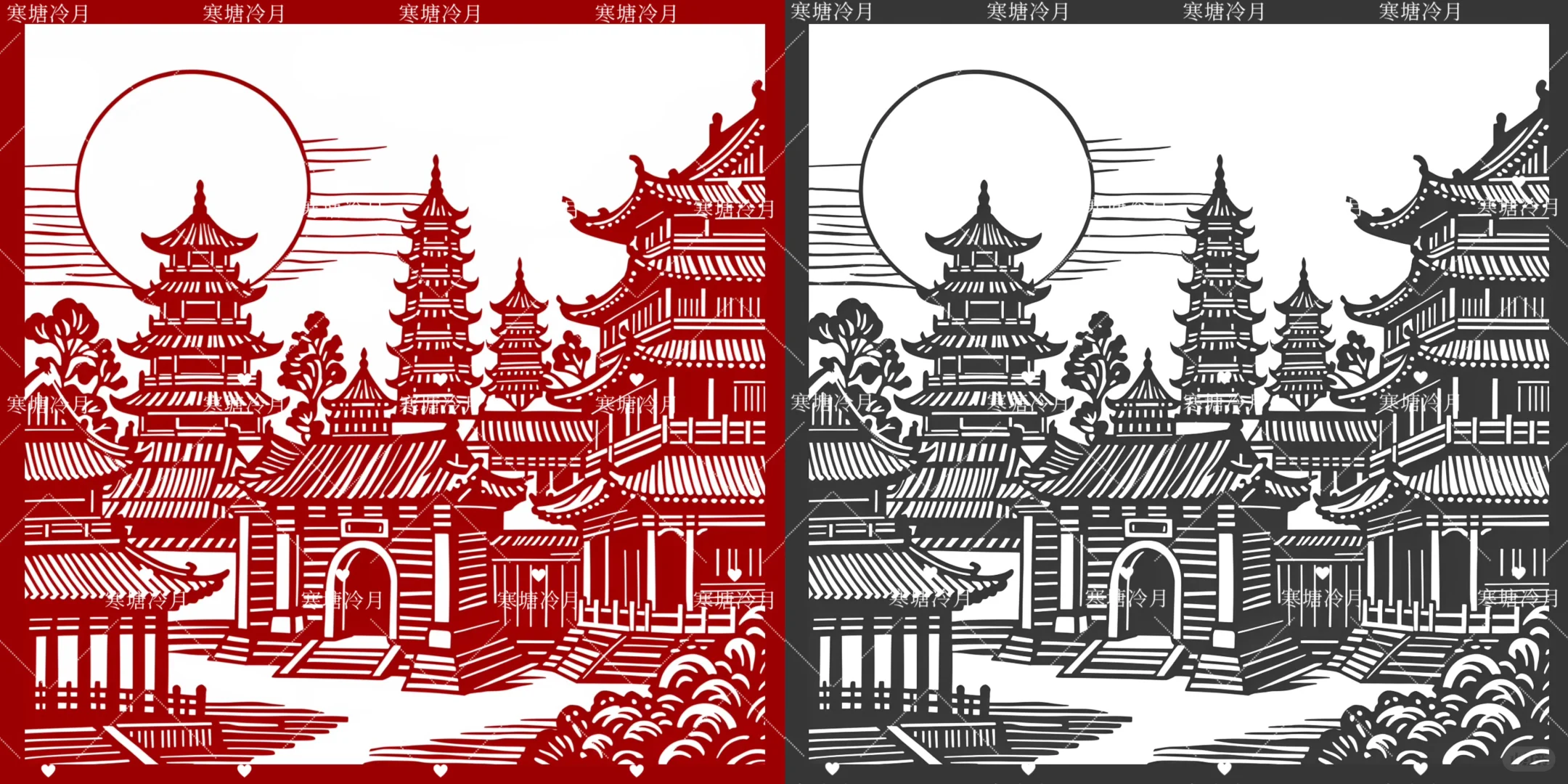 中国风建筑03剪纸底稿分享