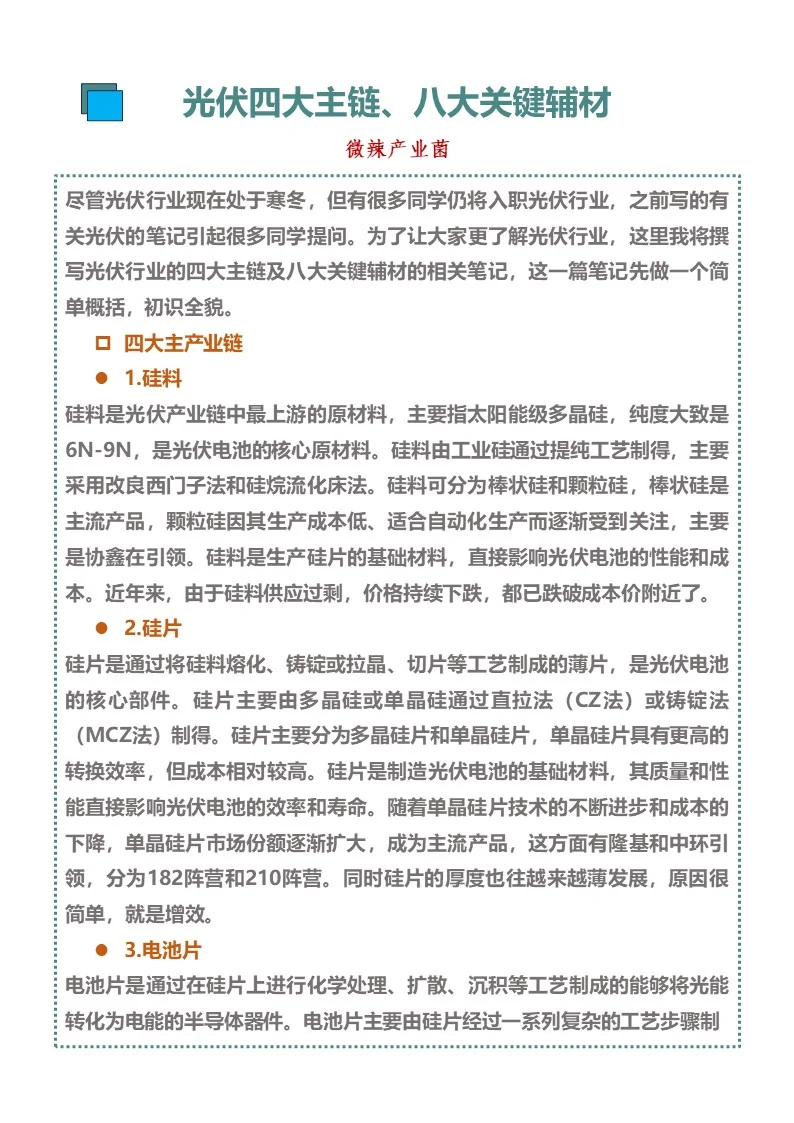 光伏四大主产业链及八大关键辅材